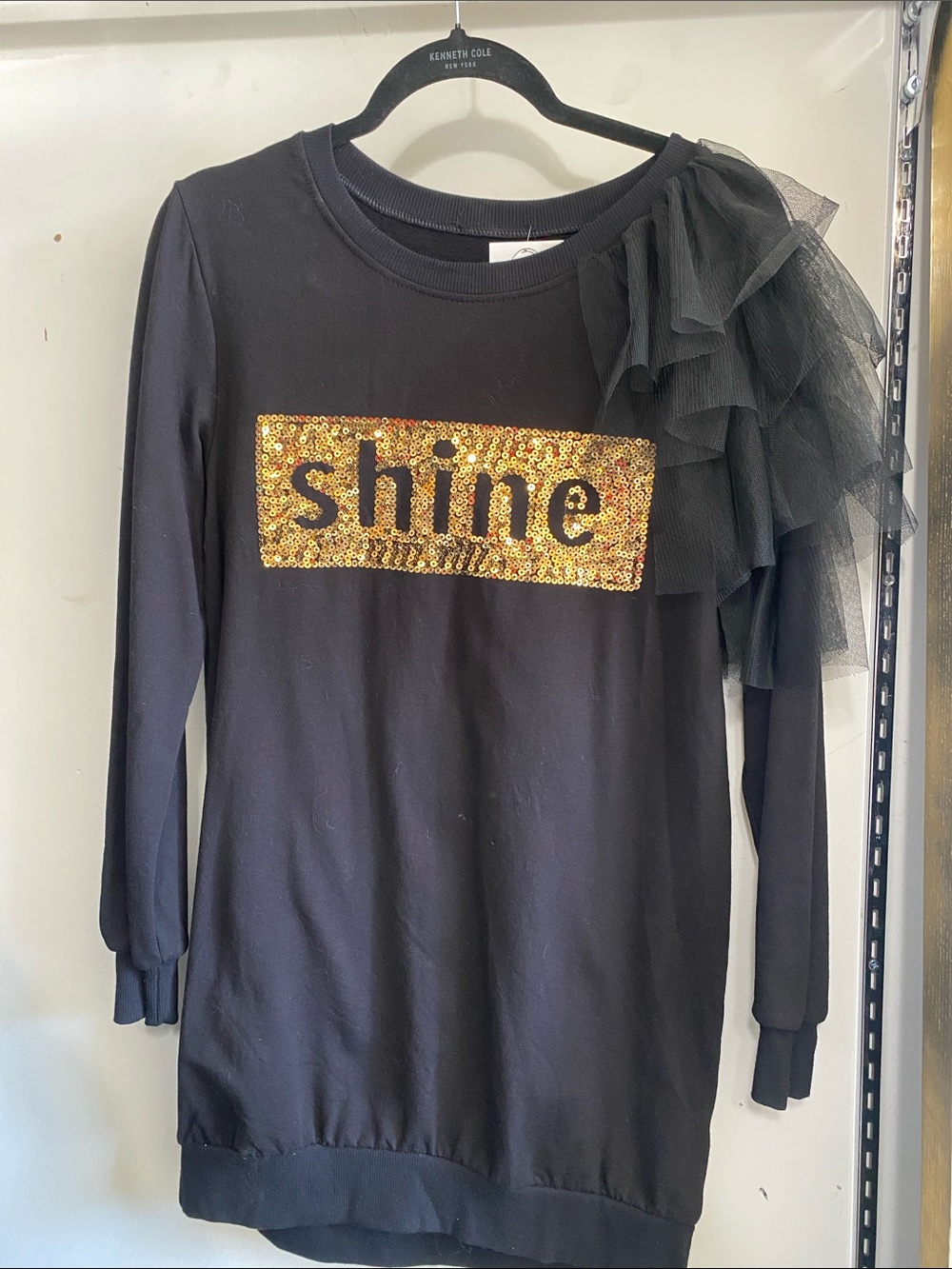 Black 'Shine' Sequin Sweatshirt Dress with Tulle Accent